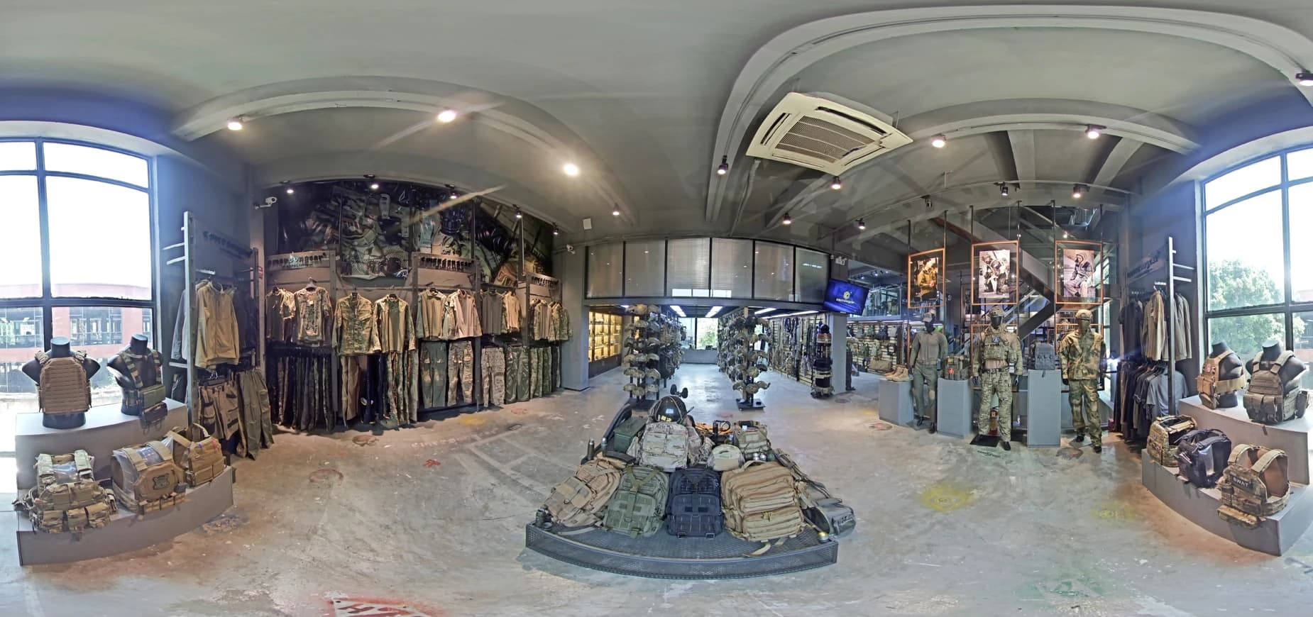 Panoramic view of the Emersongear second-floor showroom with tactical apparel and equipment displays